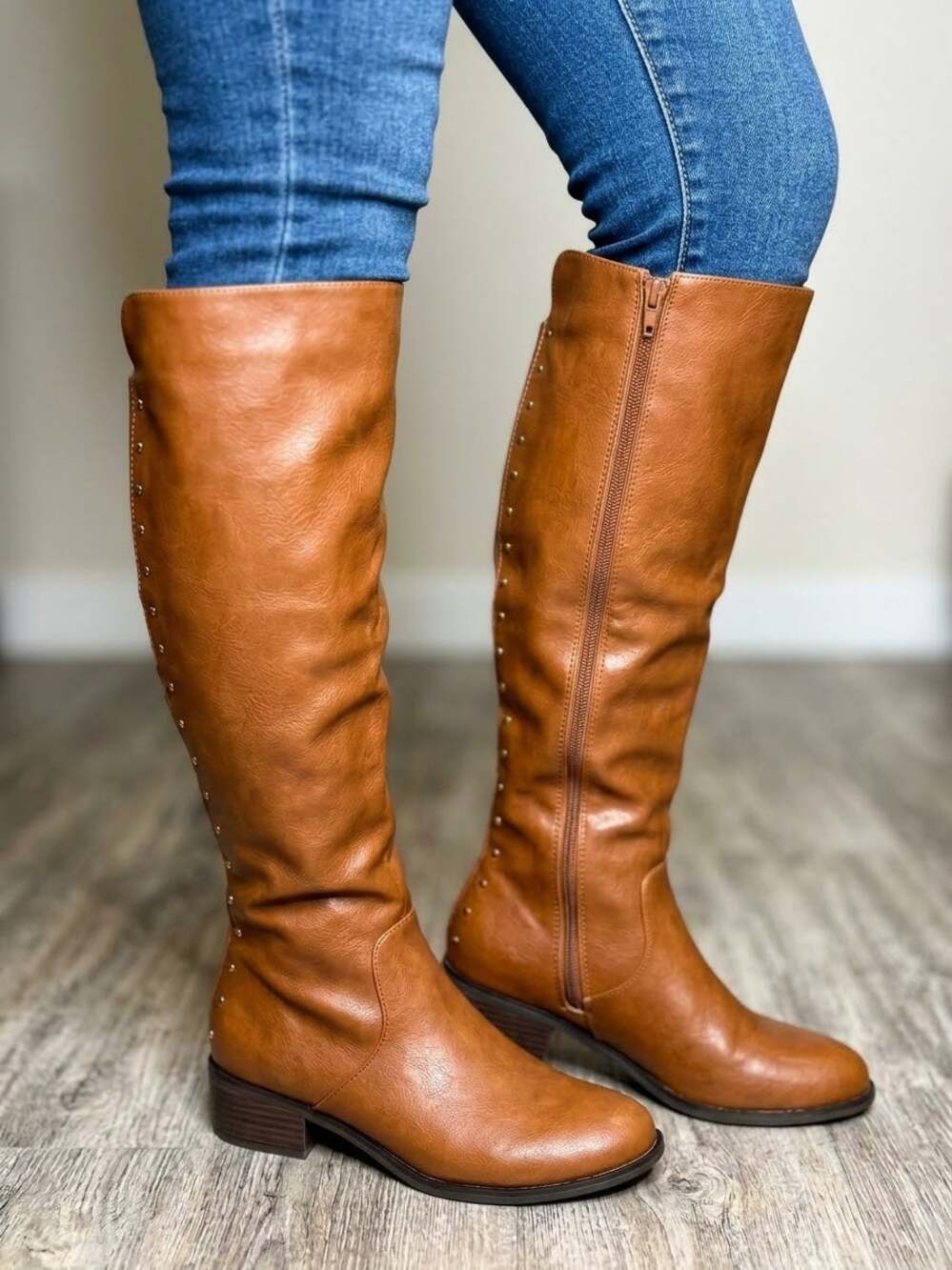 Bar III Vaylap Cognac Brown Studded Riding Tall Boots Size 8M NIB `